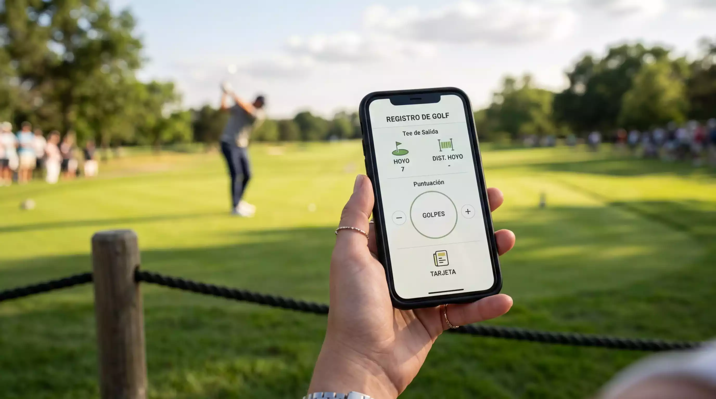 Espectador siguiendo un torneo de golf en directo con dispositivo móvil junto al campo