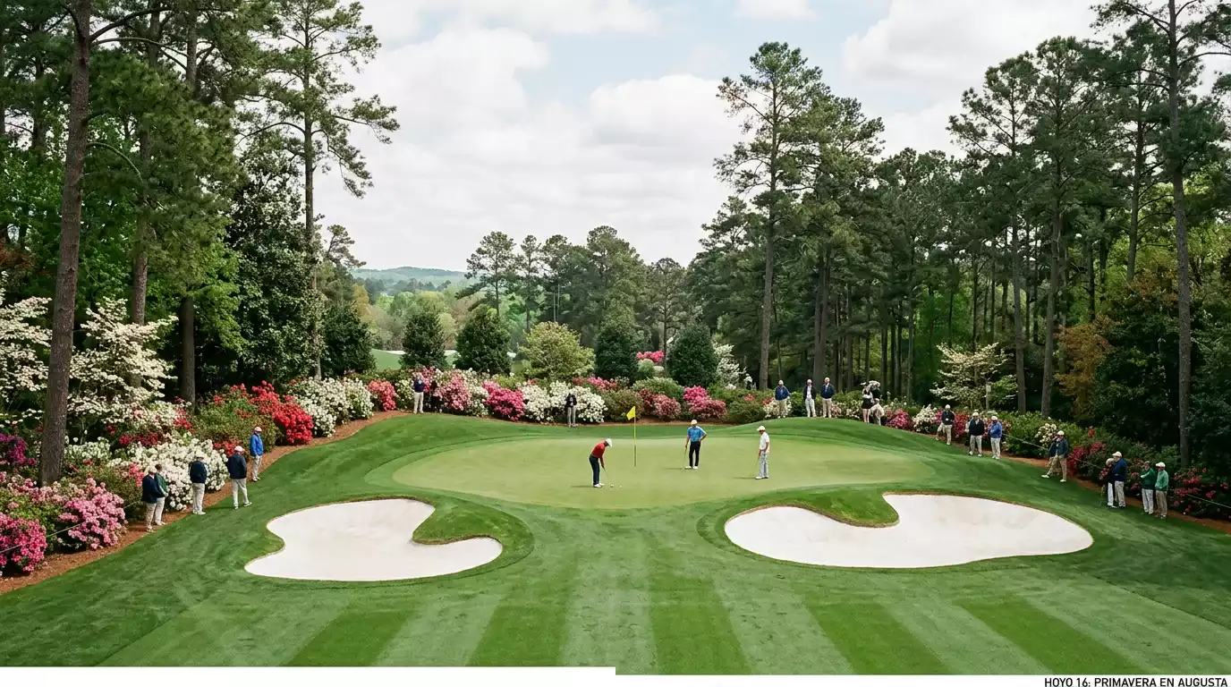 Campo de golf con green cuidado y banderas durante un torneo Major de golf profesional
